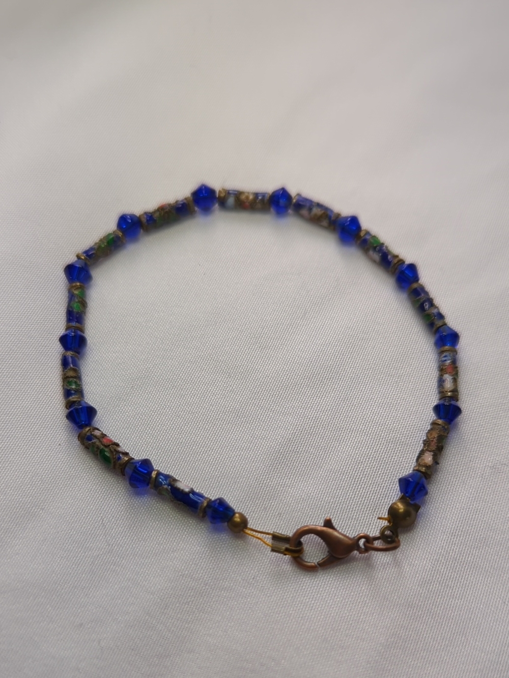Cobalt Blue Glass Bead Bracelet with Cloisonné Accent